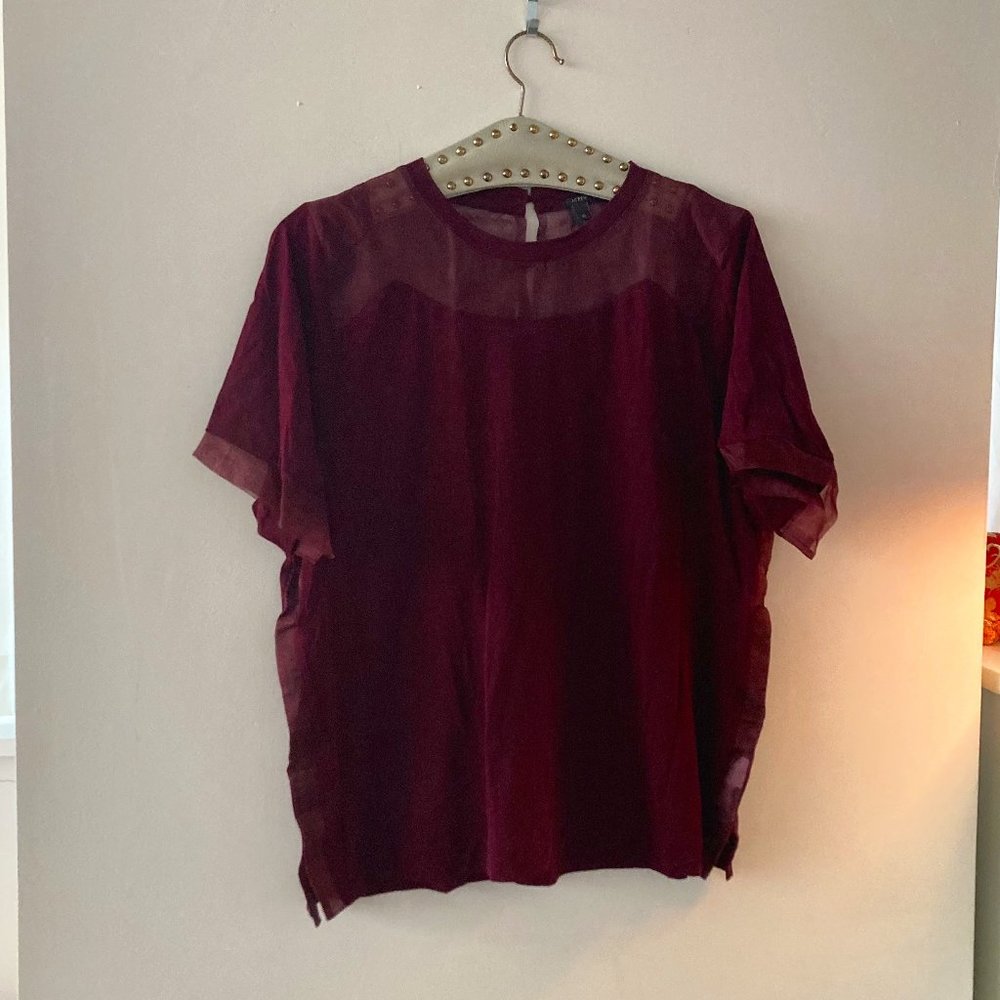 J Crew Burgundy Tee with Sheer yoke and detail Size XL